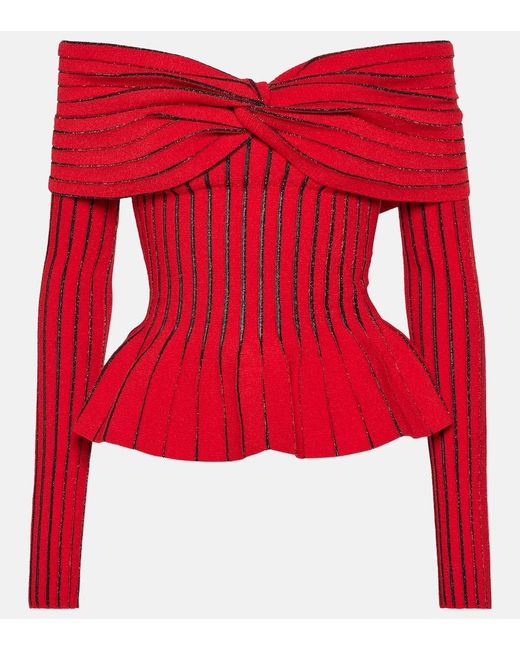 Balmain Red Off-Shoulder-Top Aus Strick