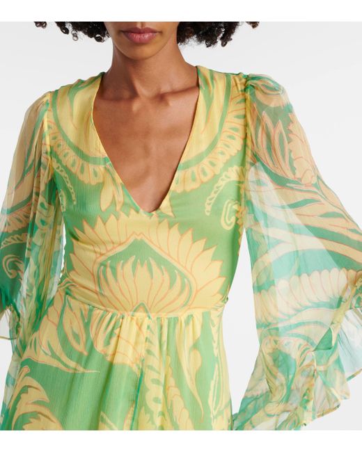 Etro Green Printed Ruffled Silk Maxi Dress