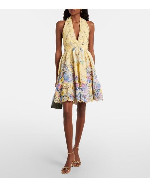 Camilla Metallic Embellished Floral Halterneck Linen Minidress