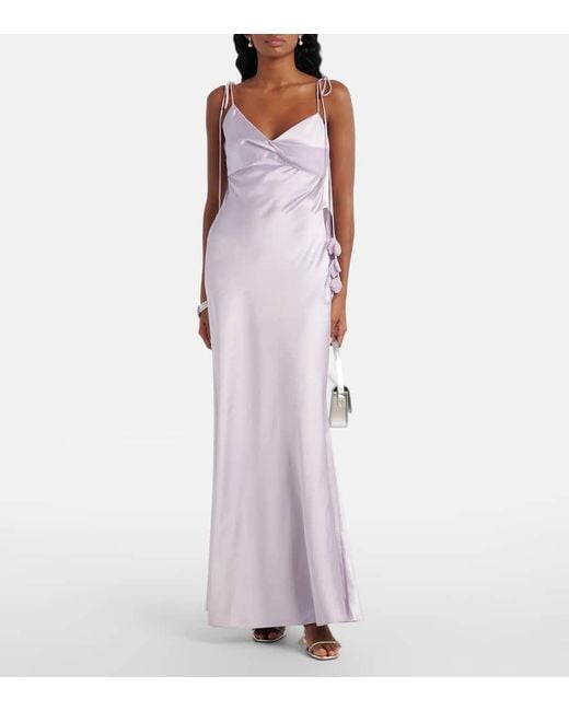 Robe Longue En Satin A Fleurs Self-Portrait en coloris White