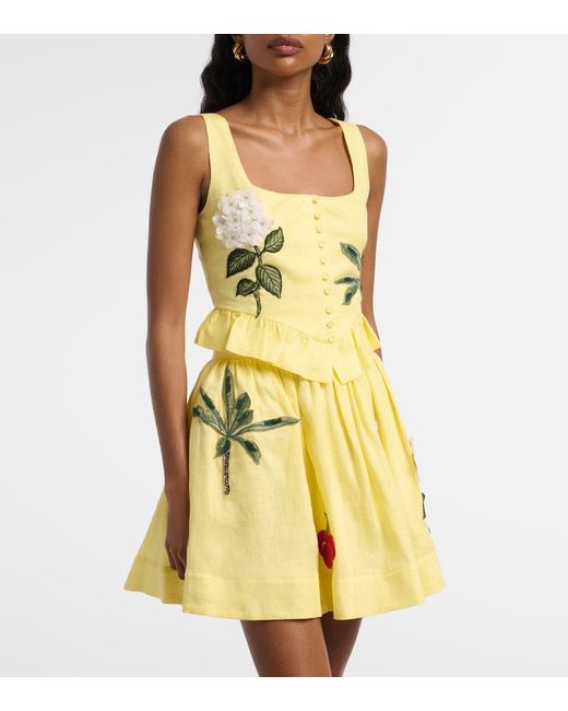 Agua Bendita Yellow Eslabon Floral-Applique Linen Crop Top