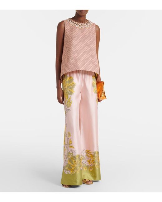 LaDoubleJ Pink Floral Silk Twill Palazzo Pants