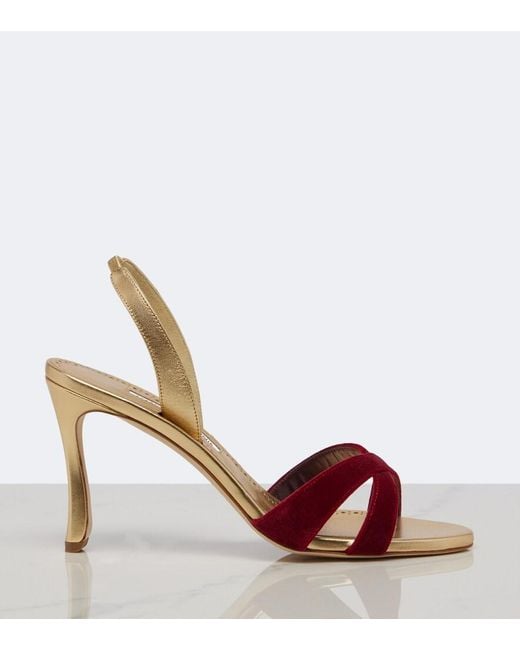 Manolo Blahnik Pink Callydra Velvet-Trimmed Leather Sandals