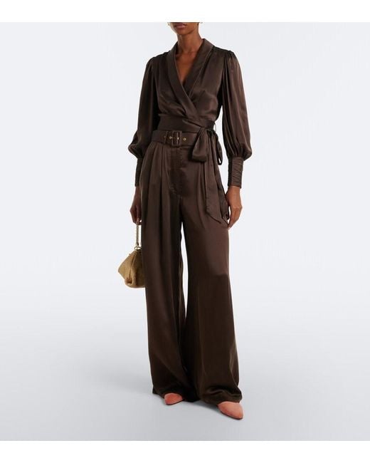 Zimmermann Brown Belted Pleated Silk Satin Wide-Leg Pants