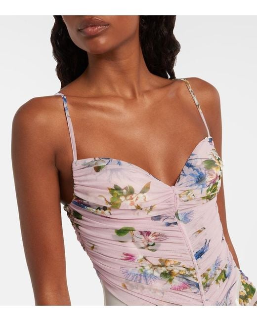 Blumarine Purple Floral Ruched Sheer Gown