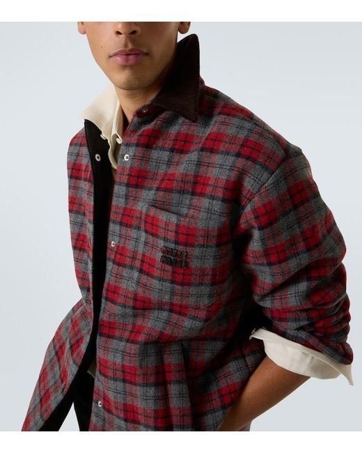 Miu Miu Red Plaid Virgin Wool Down Overshirt for men