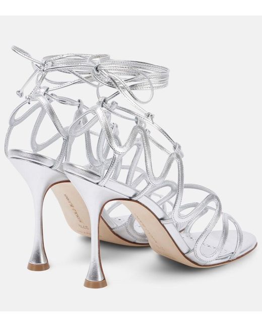 Manolo Blahnik White Fawda 105 Metallic Leather Sandals