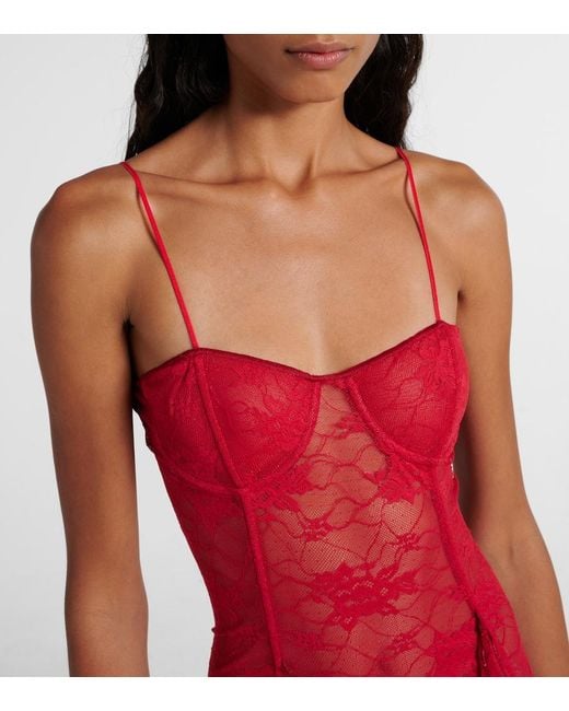 Oseree Red Ruffled Lace Bustier Dress
