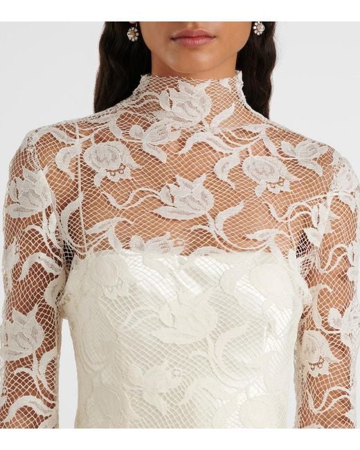 Danielle Frankel White Bridal Adena Floral Lace-Trimmed Wool And Silk Gown