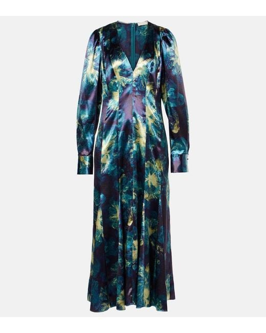 Ulla Johnson Blue Azrou Floral Satin Midi Dress