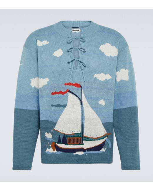 Bode Blue Pinafore Bow-detail Cotton Jacquard Sweater for men