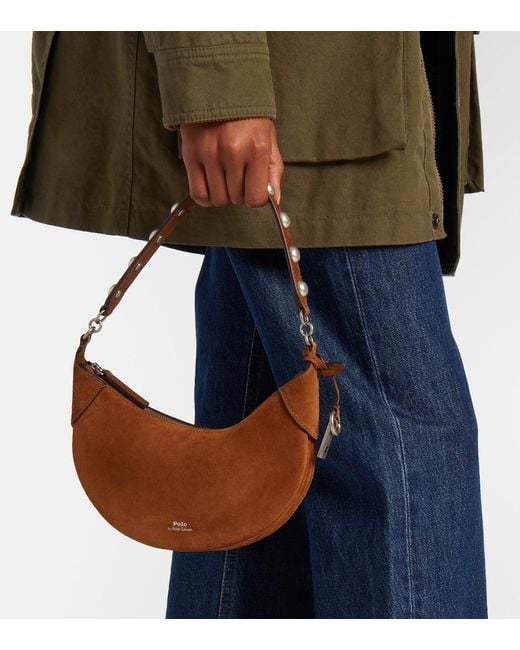 Polo Ralph Lauren Brown Polo Id Mini Studded Suede Shoulder Bag