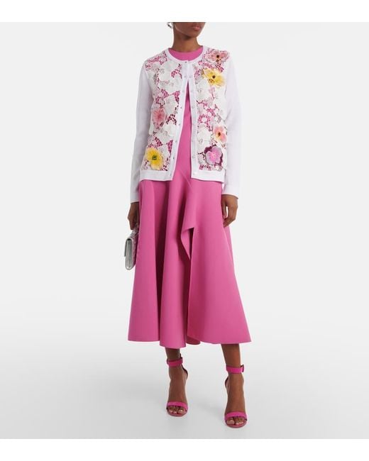 Oscar de la Renta White Floral-Applique Cotton-Blend Cardigan
