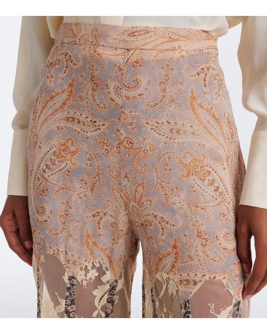 Zimmermann Natural Valiant Paneled Silk And Lace Wide-Leg Pants