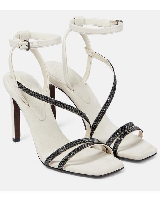 Brunello Cucinelli White Embellished Leather Sandals