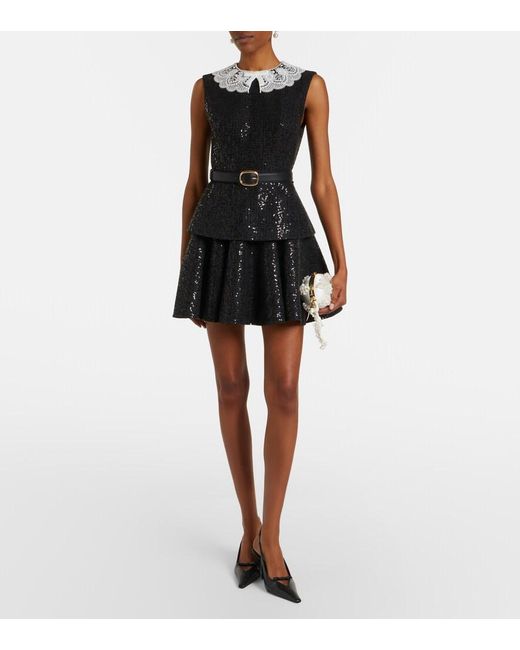 Self-Portrait Black Belted Sequined Boucle Minidress