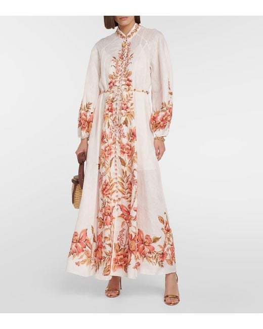 Zimmermann White Vacay Billow Belted Floral-print Linen Maxi Dress