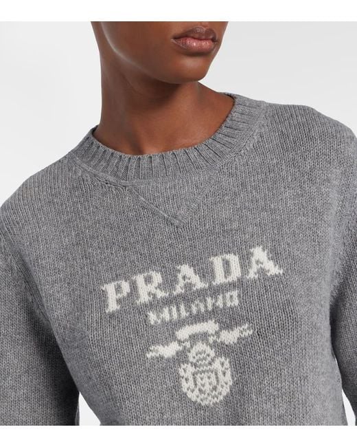 Prada Gray Intarsien-Pullover Aus Kaschmir