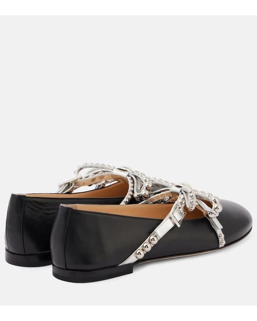 Mach & Mach Black Embellished Leather Ballet Flats