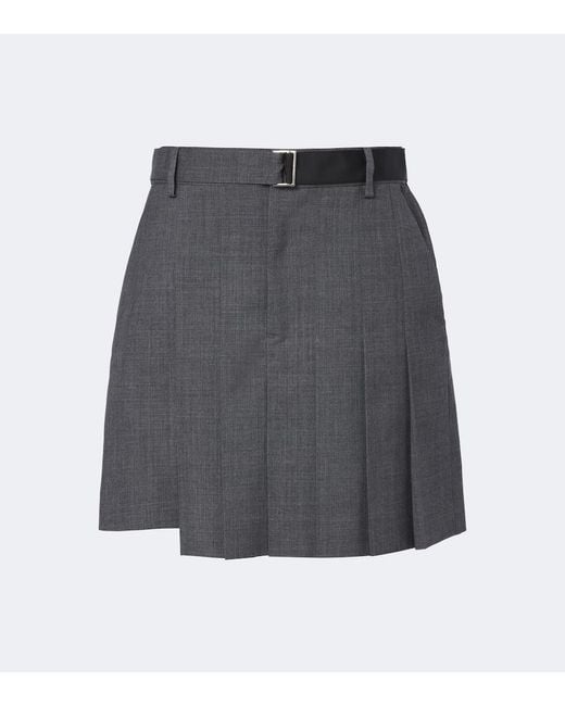 Sacai Gray Pleated Asymmetric Wool Miniskirt