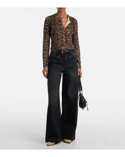 FRAME Black Leopard-Print Cashmere Cardigan