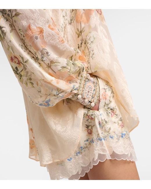 Camilla Natural Embellished Floral Tie-Neck Silk-Blend Blouse