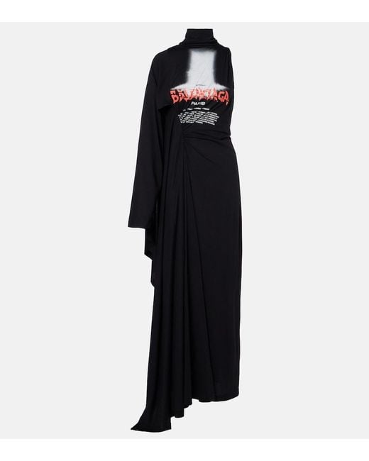 Balenciaga Black Logo Caped Cotton Jersey Maxi Dress