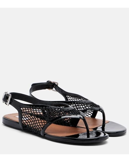 Alaïa Black Leather-Trimmed Fishnet Thong Sandals