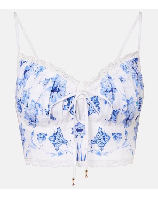 Camilla Blue Printed Lace-Trimmed Linen Bra Top