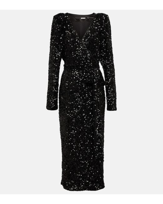 ROTATE BIRGER CHRISTENSEN Black Sequin-embellished V-neck Midi Dress