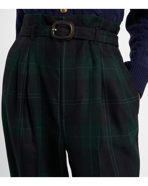 Polo Ralph Lauren Blue Belted Checked High-Rise Wool Tapered Pants