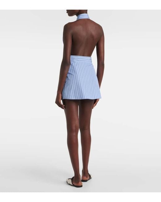 Vestido Corto De Algodon Con Cuello Halter Prada de color Blue