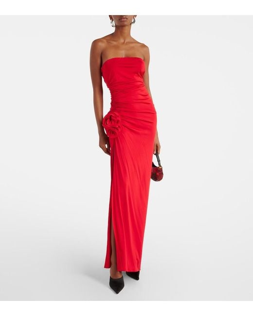 Magda Butrym Red Floral-Applique Ruched Jersey Maxi Dress