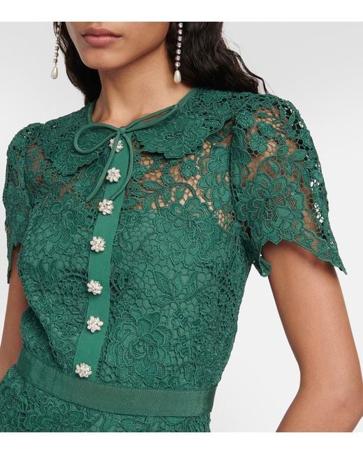 Self-Portrait Green Selbstporträt Midi Kleid in Blumenspitze mit Juwelenknöpfen