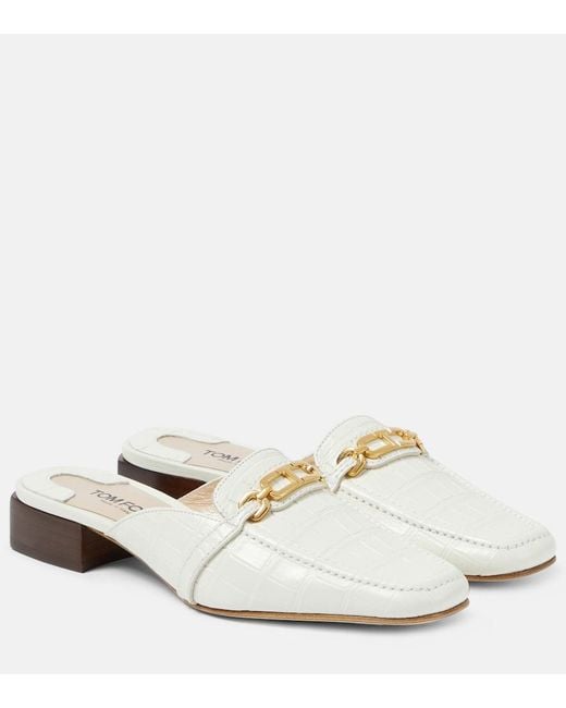 Tom Ford White Whitney Croc-Effect Leather Mules