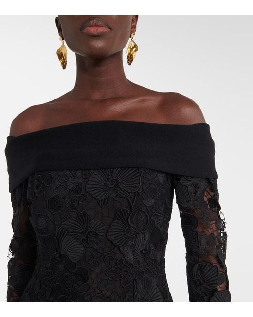 Oscar de la Renta Black Orchid Floral Guipure Midi Dress