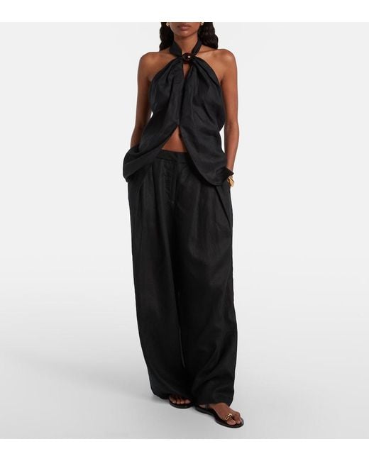 Faithfull The Brand Black Biba Embellished Halterneck Linen Top