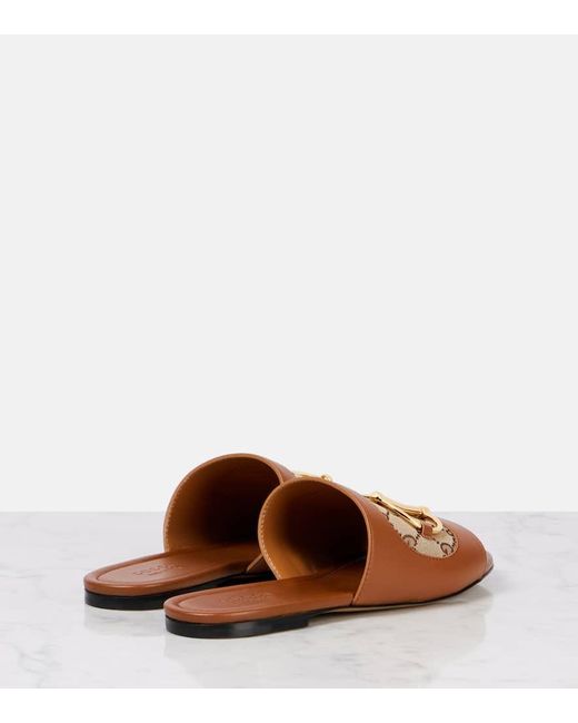 Gucci Brown Alfa Horsebit-Embellished Canvas-Jacquard And Leather Slides