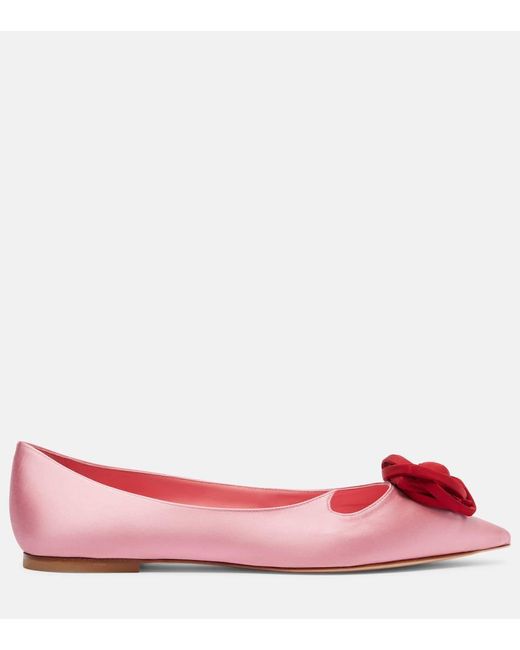 Roger Vivier Red I Love Viver Floral-Applique Satin Ballet Flats