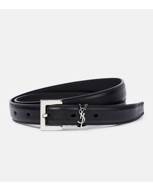 Saint Laurent Black Cassandre Thin Belt With Square Buckle In Grain De Poudre-embossed Leather