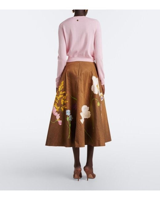 Oscar de la Renta Brown Floral Cotton-Blend Midi Skirt