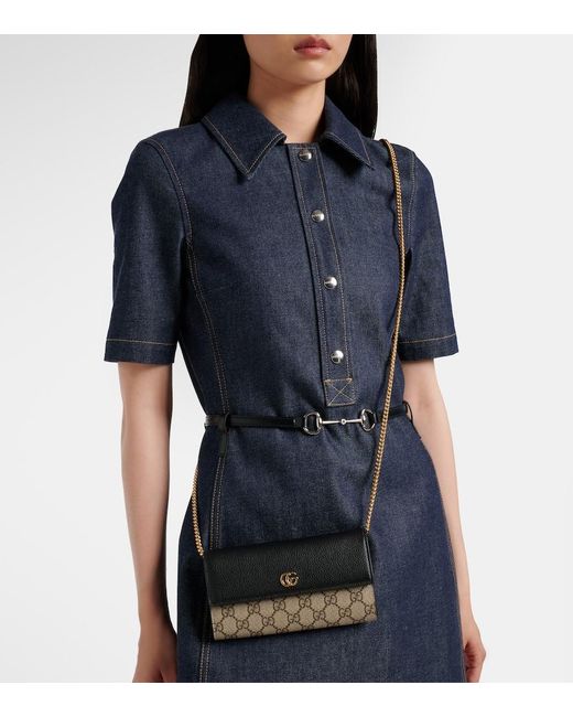 Gucci Black Gg Marmont Leather-Trimmed Wallet On Chain