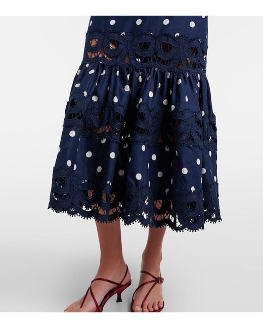 Self-Portrait Blue Polka-Dot Linen And Cotton Midi Dress