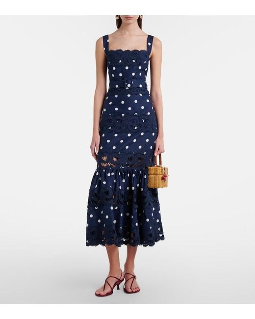 Self-Portrait Blue Polka-Dot Linen And Cotton Midi Dress