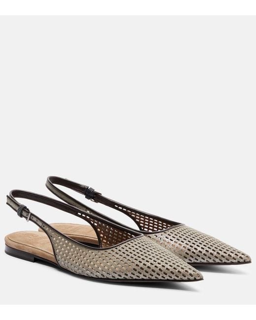 Brunello Cucinelli Brown Monili Leather Slingback Ballet Flats