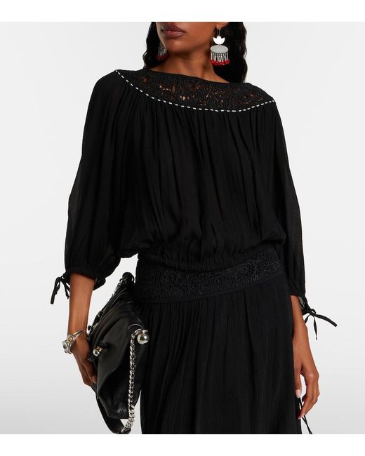 Isabel Marant Black Nelida Guipure Lace-Trimmed Silk Blouse
