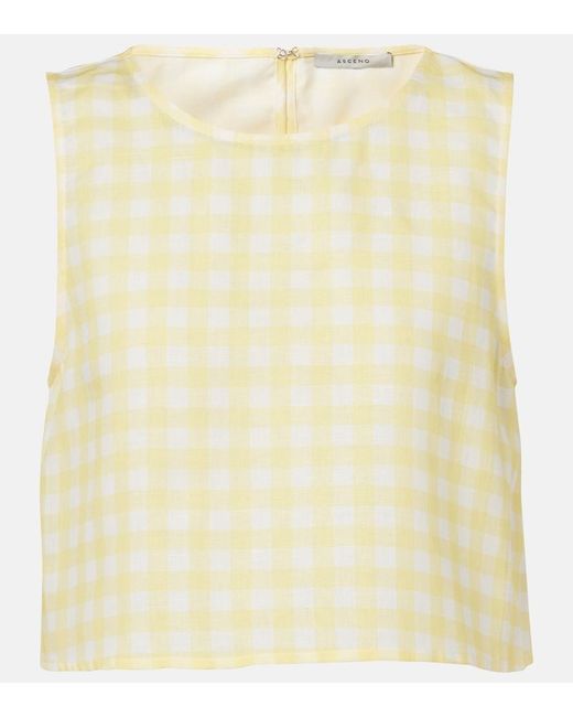 Asceno Yellow Kobe Gingham Linen And Cotton Crop Top