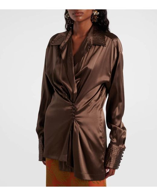 Dries Van Noten Brown Draped Silk-Blend Shirt