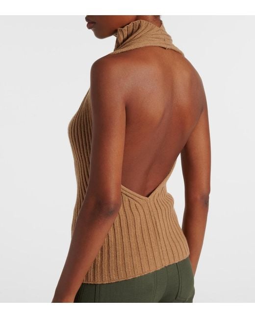 Victoria Beckham Brown Draped Ribbed-Knit Wool-Blend Top