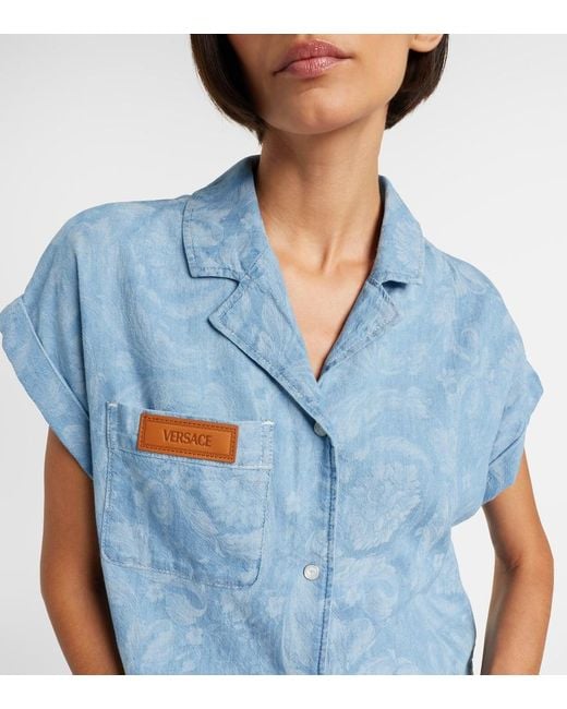 Versace Blue Barocco Cropped Denim Chambray Shirt